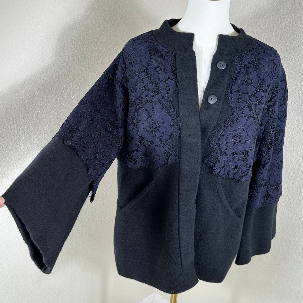 Anthropologie Field Flower Cardigan Women L Black Blue Lace Wool Boho Romantic